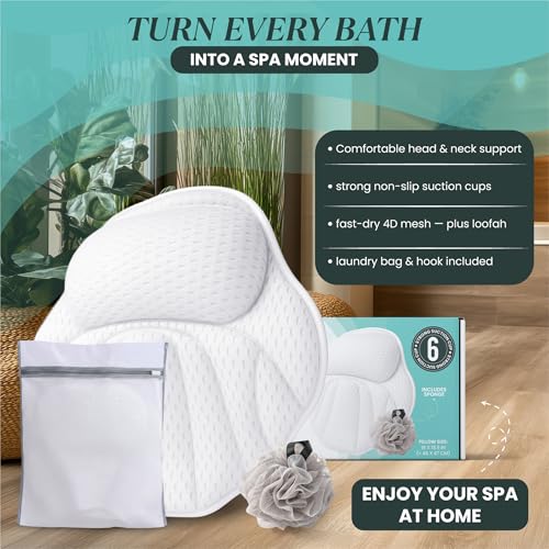 Bath Pillows for Tub ? Luxury 4D Air Mesh Bathtub Pillow with Non-Slip Suction Cups, Head & Neck, Upper Back Support, Quick-Dry, Machine Washable Spa Gift