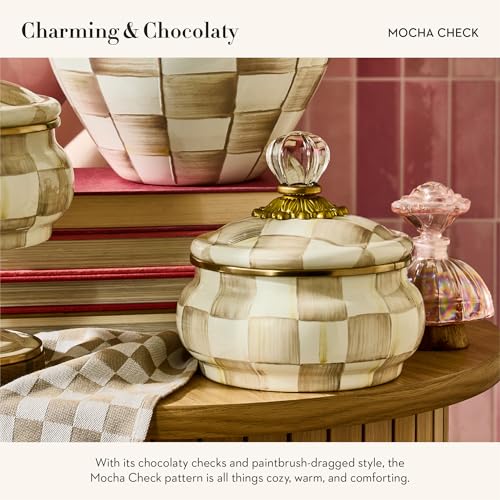 Mocha Check Enamel Squashed Pot with Lid - 20 oz Brown & White Kitchen Storage