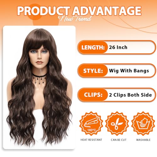 Vomella 4G 26-Inch Dark Brown Curly Wavy Wig with Bangs for Women