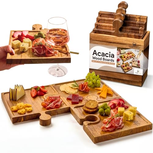 Homesphere Wooden Charcuterie Boards Set of 4 with Interlocking Puzzle Design and Handle - Acacia Cheese & Appetizer Trays for Parties & Gifts