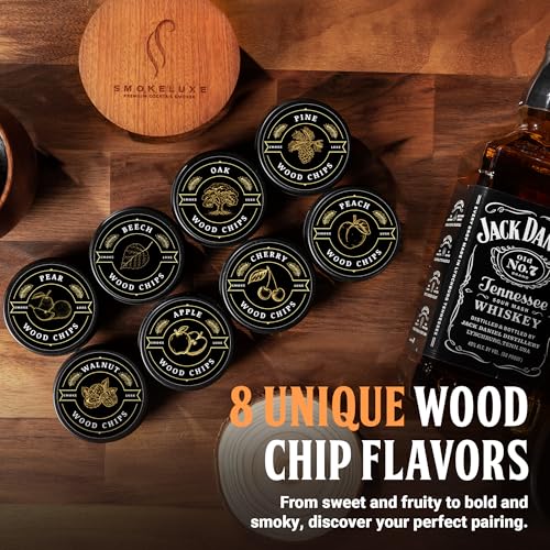 Whiskey Smoker Kit with 8 Wood Chips, Glasses & Lighter - Premium Bourbon Infusion Set