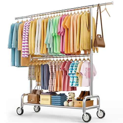 Heavy Duty Clothes Rack with Double Rods - Load 860 lbs, Portable & Adjustable, Silver - 15 x 63.4 x 74.8 in