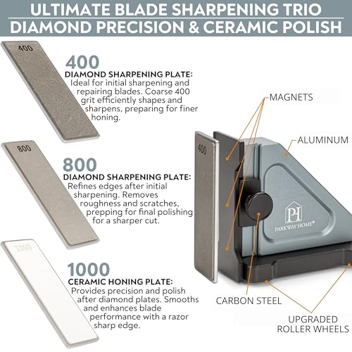 Parkway Home Adjustable Knife Sharpener Kit with 3 Whetstone Plates & Travel Case