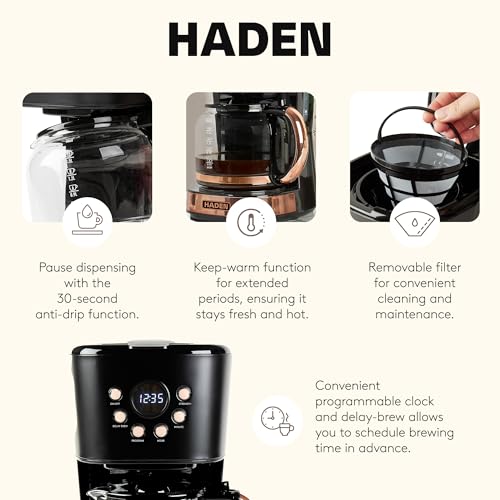 HADEN 12-Cup Programmable Coffee Machine with Black and Copper Finish