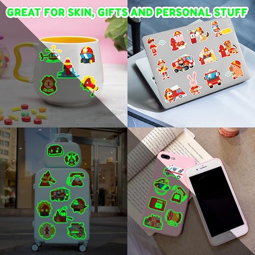 96 PCS Firefighter Firetruck Pre-Cut Luminous Glow in the dark Temporary Tattoos for Kids | Super Cute Themed Birthday Party Favors, Supplies, Decorations, Fake Tattoo Stickers Gifts for Boys Girls