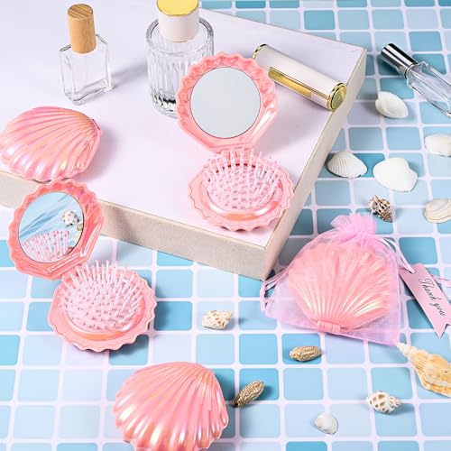 Pink Shell Shape Foldable Travel Makeup & Hair Mirror Set - 12 Pcs Gift Set