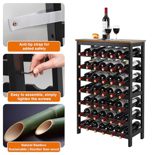 Bamboo Wine Rack 42 Bottles - Rustic Brown & Black 7-Tier Freestanding Shelf with Tabletop