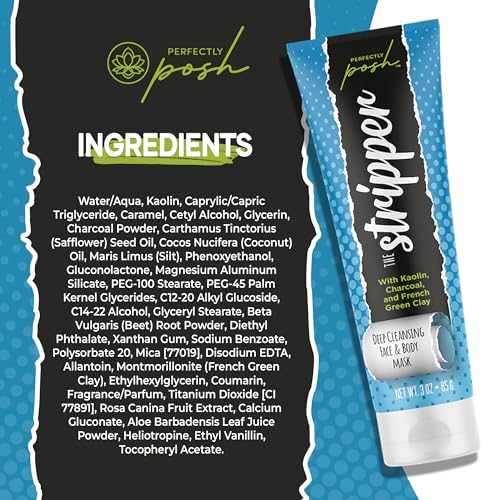 Perfectly Posh - Stripper Deep Cleansing Face & Body Mask - Clarifying Clay Mask with Charcoal, Kaolin and French Green Clay - 85grams