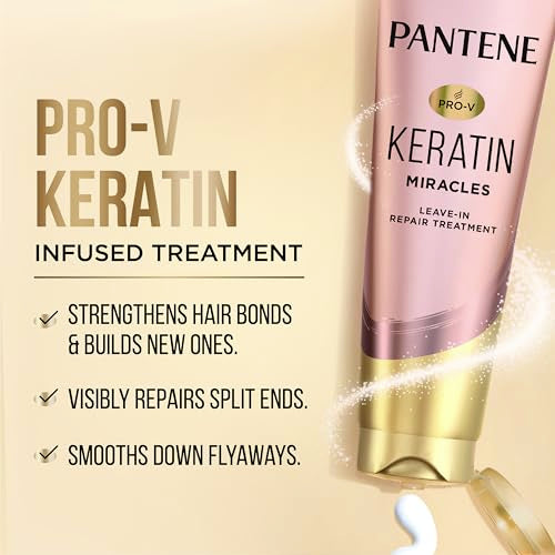 Pantene Keratin Leave-In Conditioner with Argan Oil, Protein Treatment for Dry, Damaged & Color-Treated Hair, Repairs Split Ends & Protects from Damage, Formaldehyde-Free, 8.4 Fl Oz