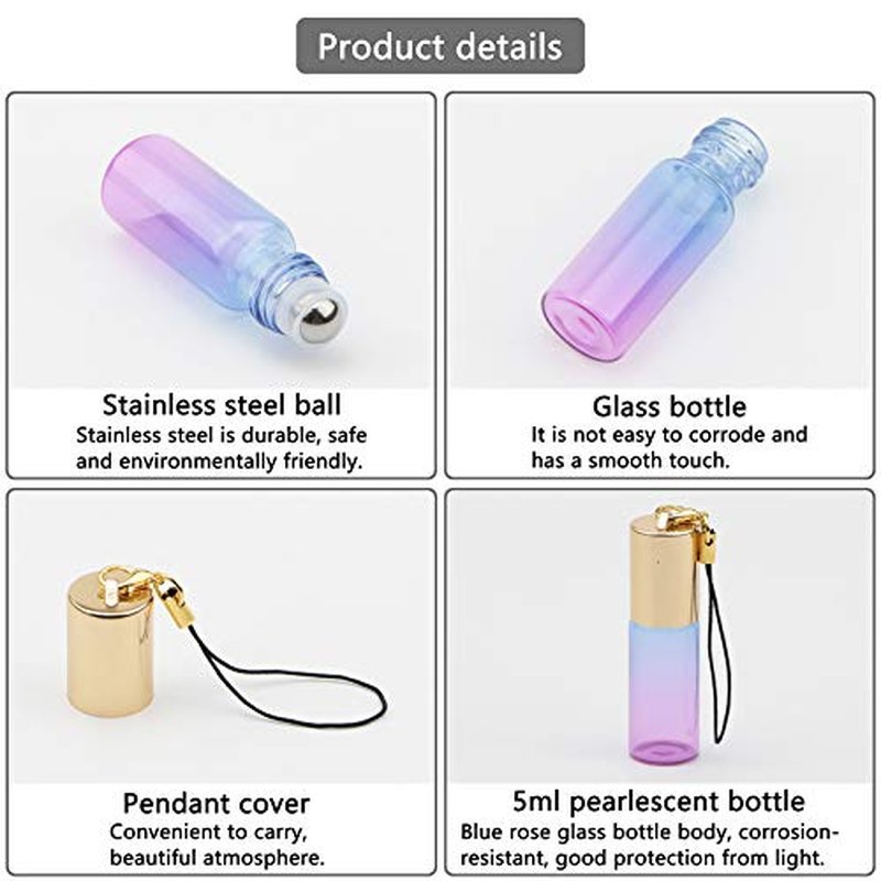 Kesell 15Pack Glass Roller Bottles for Essential Oil 5ml Gradient Color Refillable Roll On Containers Perfume Sample Vials with Stainless Steel Ball & Golden Caps