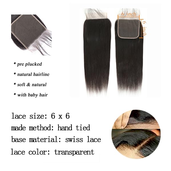 14 Inch Human Hair Lace Closure 6x6 Straight Brazilian Virgin Remy Pre Plucked