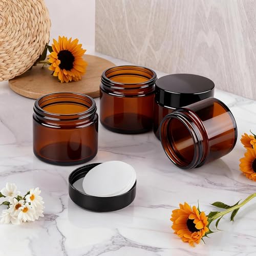 2oz Amber Glass Jars with Lids, 24 Pack Sample Containers for Storing Lotions, Moisturizers, Lip Balm and Cosmetics