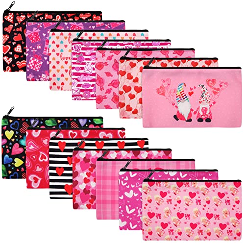 Valentine Makeup Bags Set - 14 Pcs Gift Bags with Zipper, 18x11cm Reusable Pink & Red Cosmetic Pouches