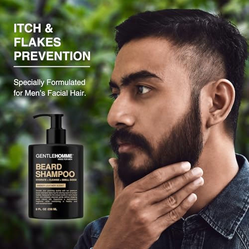 Beard Shampoo & Pouch Kit - Men¡¯s Beard Wash - Hydrate, Cleanse, Soften & Strengthen - For Itchy & Flaky Facial Hair - With Witch Hazel - All Skin & Beard Types - Vegan - Amber Leather Scent - 8oz