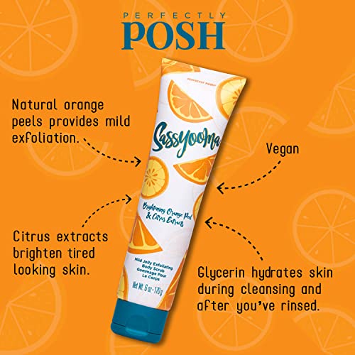 Perfectly Posh - Sassyooma Mild Jelly Exfoliating Body Scrub - Gentle Citrus Body Exfoliator with Fruit Peels and Sweet Citrus Scent - 170grams