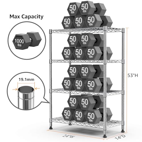 4-Tier Storage Shelving Unit - 1000 lbs Capacity Steel Wire Rack for Home, Kitchen, Office - Chrome, 13.7"D x 23.6"W x 53.4"H