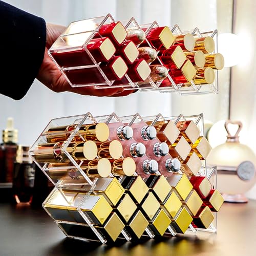 4 Pack Acrylic Lipstick Holder Organizer 64 Slots Clear Lip Gloss Holder Organizers Stackable Fish Shape Lipsticks Tower Lipstick Case Display Stand Storage Box for Makeup Cosmetic Vanity drawer