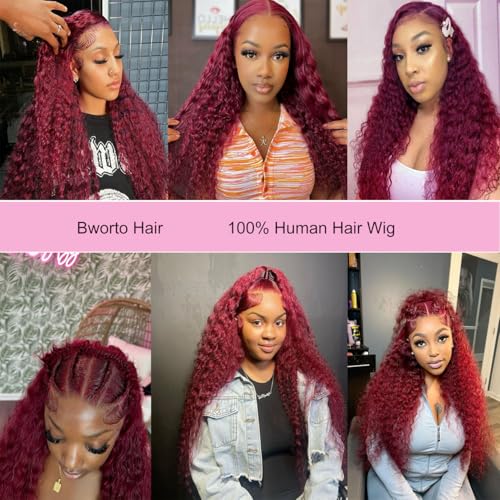 16 Inch Burgundy Human Hair Wigs Deep Wave Lace Front 13x6 Pre Plucked Natural Hairline