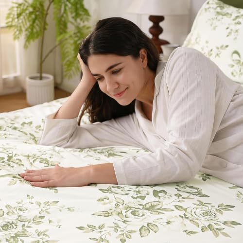Floral Queen Comforter Set 7 Pieces Green Rose Bedding - Soft & Durable