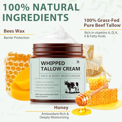 WHLH & WELL-BEING Beef Tallow for Skin, Beef Tallow and Honey Balm, All-Natural Ingredient Moisturizer for Face & Body Skin Care 1Pack