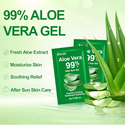 Erinde C-120 Pack Travel Aloe Vera Gel for Face Hair & Body, After Sun Relief, 99% Pure, Portable Travel Sachets