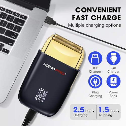 HIENA PRO Foil Shaver for Men Barber, Double Electric Foil Trimmer, Professional Electric Razor, Close Shaver, Cordless Rechargeable with USB, Detachable Design, LED Display, Black Gold