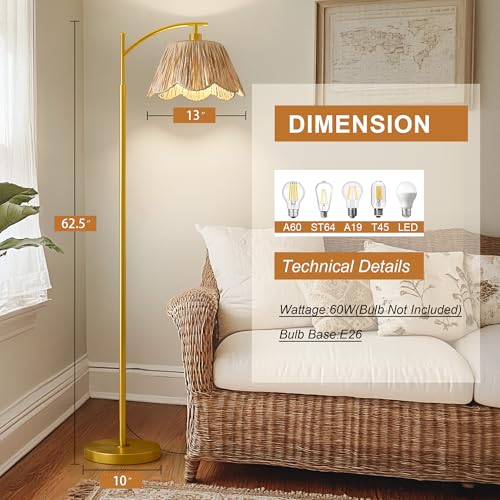 Oneach Arc Floor Lamp Brushed Gold Rattan Boho Floor Lamp Decor with Hand-Woven Shade, Foot Switch, 62.5-Inch