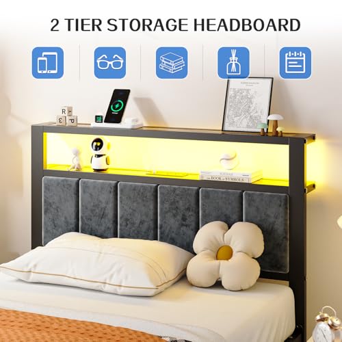 Twin Size Bed Frame with LED Lights and Upholstered Headboard - Grey