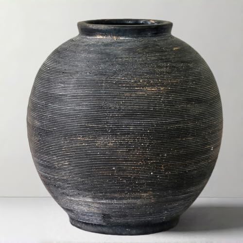 Large Black Ceramic Vase - 10.8 Inch with Deep Charcoal Black Glaze - Oval Variation