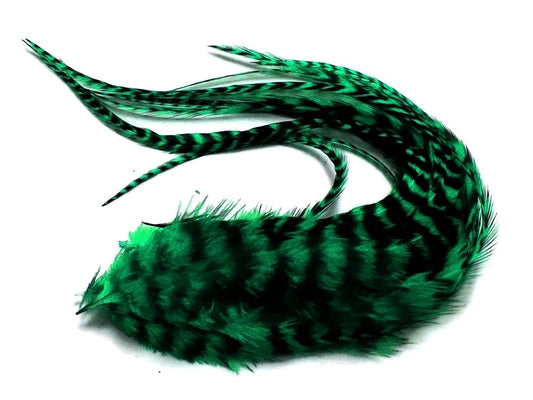 Moonlight Feather, Hair Extension Feathers - Peacock Green Thick Long Grizzly Rooster Hair Extension Feathers - 7-11 Inches Long - 6 Pieces Per Pack