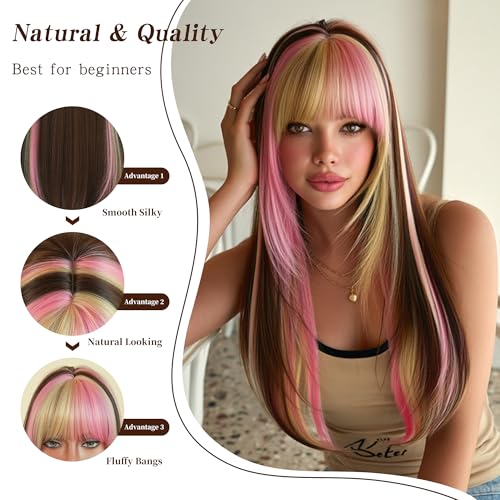 27 Inch Brown Layered Wig with Pink Blonde Highlights & Bangs - Pink Blonde Chunky Highlights