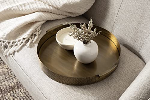 Gold 17-Inch Round Decorative Metal Tray with Hammered Surface - Modern Glam