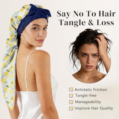 ZIMASILK Blue Lemon Silk Sleep Bonnet for Long Hair - One Size