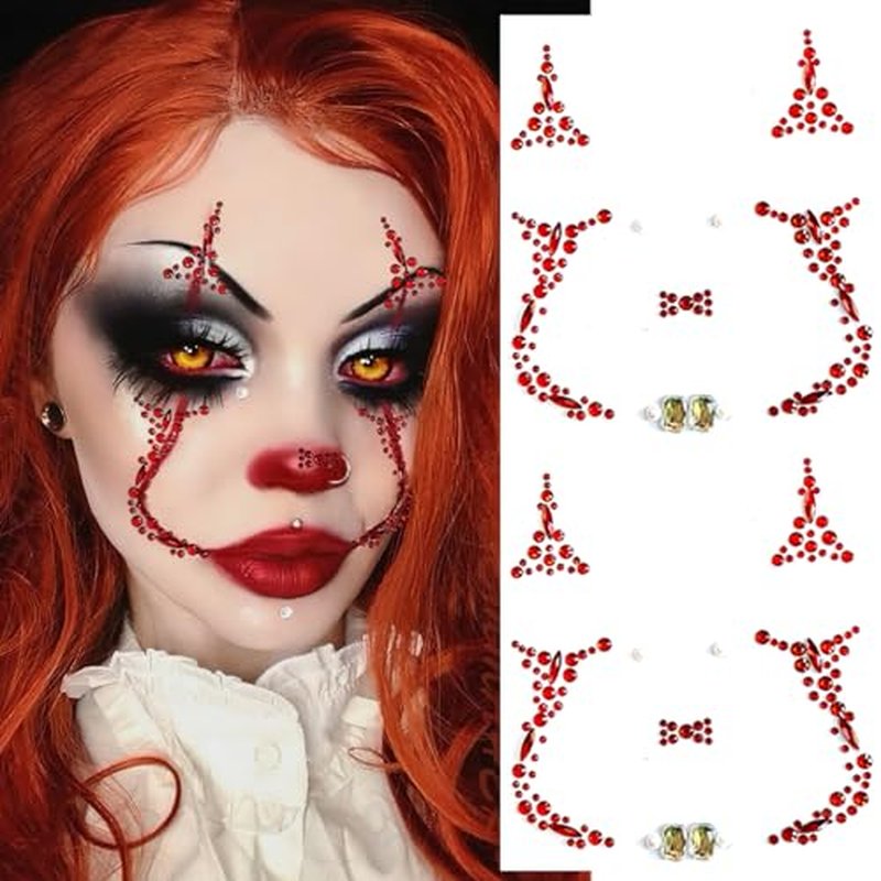 2 Pieces Halloween Face Gems Jewels Rhinestone Tattoos Day of the Dead Skull Temporary Face Tattoo Red Crystal Stones Body Gems Makeup Stickers for Halloween Rave Cosplay Party Supplies