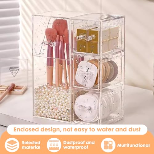 White ShellKingdom Makeup Brush Holder with Drawers & Pearls - Large Clear Cosmetic Organizer