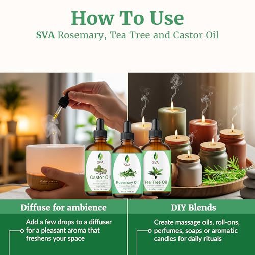 SVA Rosemary Essential Oil, Tea Tree Essential Oil and Castor Oil 4oz Bundle Super Saver Combo ? Premium Grade Value Set for Hair Oiling, Scalp Massage, Hair Care, Skin Care and Body Massage