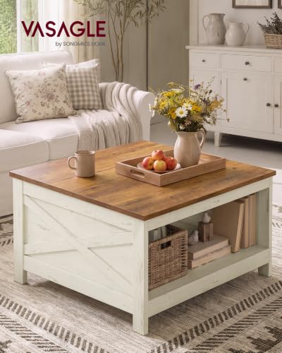 VASAGLE Lift-Top Square Coffee Table with Storage, Rustic White