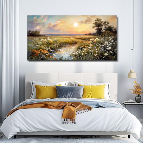Vintage Farmhouse Wildflower Wall Art Canvas - 48 Inch Rural Scenery