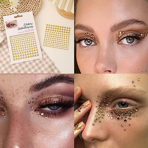 Gold Body Glitter Gel & 2 Sheets Face Gems Rhinestones Set, Face Glitter Makeup & Hair Jewels Stick on, Holographic Hair Glitter Eye Gems,Chunky Glitter Face Jewels for Makeup Festival