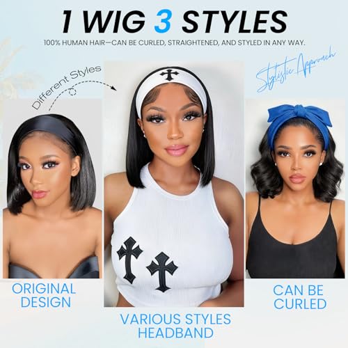 AISI 10In Headband Bob Wig Human Hair No Lace Glueless with Leopard Headband