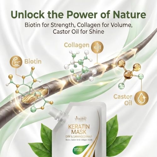 Keratin Hair Mask with Biotin & Collagen - Deep Conditioner for Damaged, Frizzy & Curly Hair - 3.4 Fl Oz
