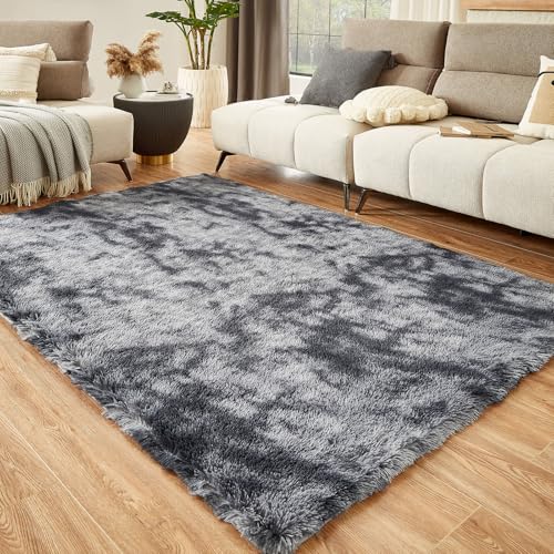 Floralux 8x10 Tie-Dyed Dark Grey Shag Rug - Ultra Soft Large Bedroom & Living Room Floor Carpet