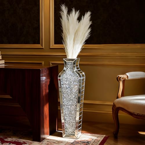 26.8-Inch Silver Crushed Diamond Mirrored Floor Vase with Pampas Grass, Tall Elegant Decor