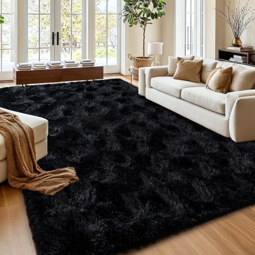 Black 8x10 Area Rug for Living Room - Fluffy Non-Slip Bedroom Carpet