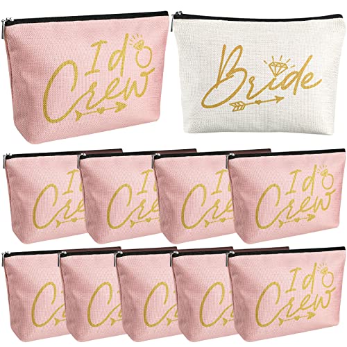Sadnyy 11 Pcs Bridesmaid Makeup Bags Set - White & Pink I Do Crew Bride Team