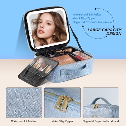 Portable Travel Makeup Bag with Mirror and Light - 3 Colors,Adjustable Brightness Spacious Cosmetic Organizer,Mermaid Shine Blue