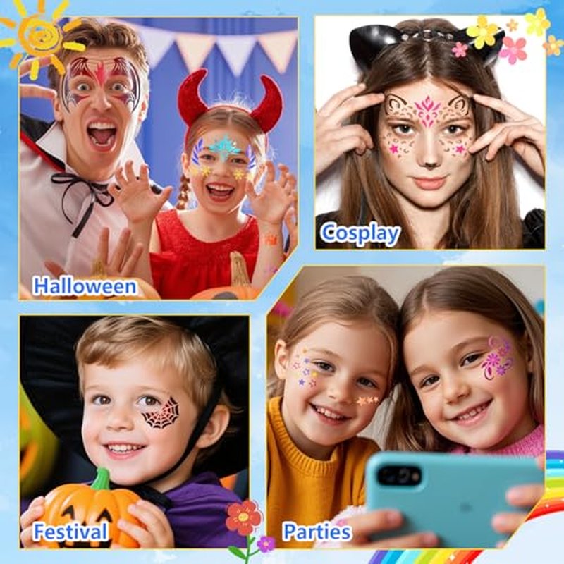 58 PCS Face Paint Stencils for Kids and Adults, 36 Reusable Facial Painting Templates, 6 Sticky Tattoo Stencils, 10 Makeup Brushes, 2 Adhesive Gem Stickers, 4 Finger Sponges for Party Makeup