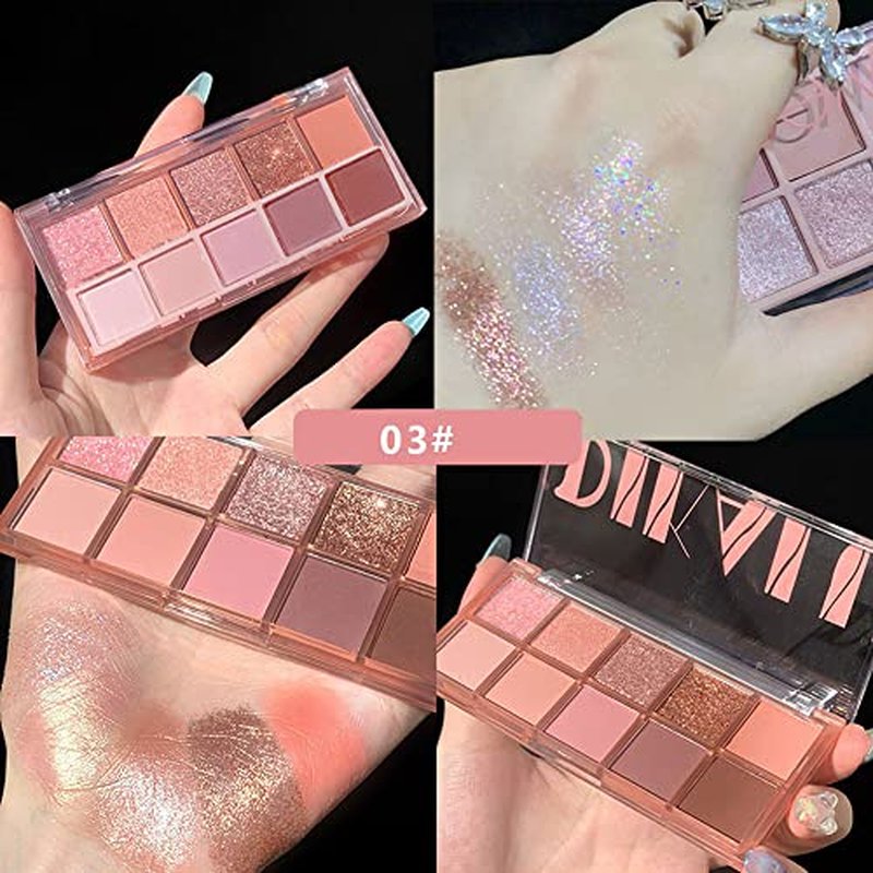 10 Colors Eyeshadow Palette,Highly Pigmented Matte Shimmer Eye Makeup Palette Pink Eyeshadow Shades Glitter Eye shadow Velvety Texture Nude Eyeshadow,03#