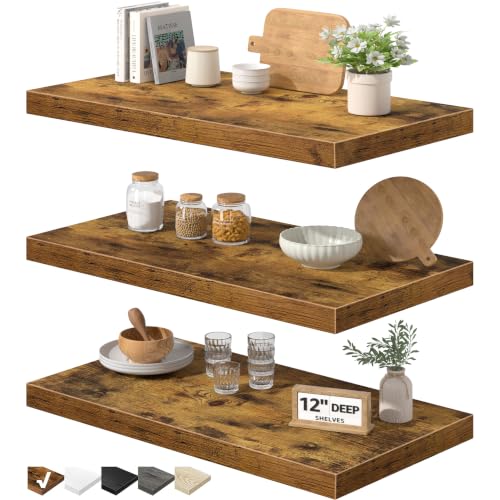Deep Floating Wall Shelves Set of 3 - Brown, 23.6 x 12 Inches