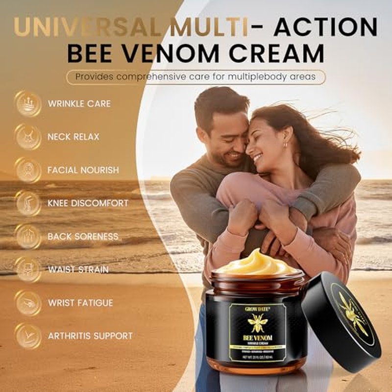 Bee Venom Cream - Natural Bee Venom Skin Treatment Cream - Firming & Wrinkle Reduction, Collagen Boost & Skin Brightening, Moisturizer for Face & Body, All Skin Types, 2.1oz
